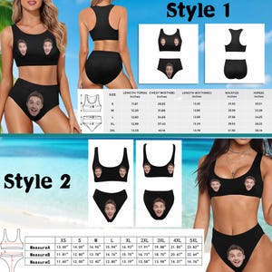 May include: Black two-piece swimsuit with a custom face print. The top is a scoop neck style, and the bottoms are high-waisted. The image also shows size charts for the swimsuit.