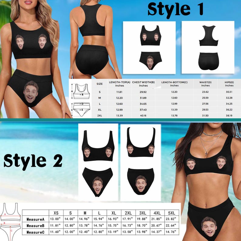 May include: Black two-piece swimsuit with a custom face print. The top is a scoop neck style, and the bottoms are high-waisted. The image also shows size charts for the swimsuit.