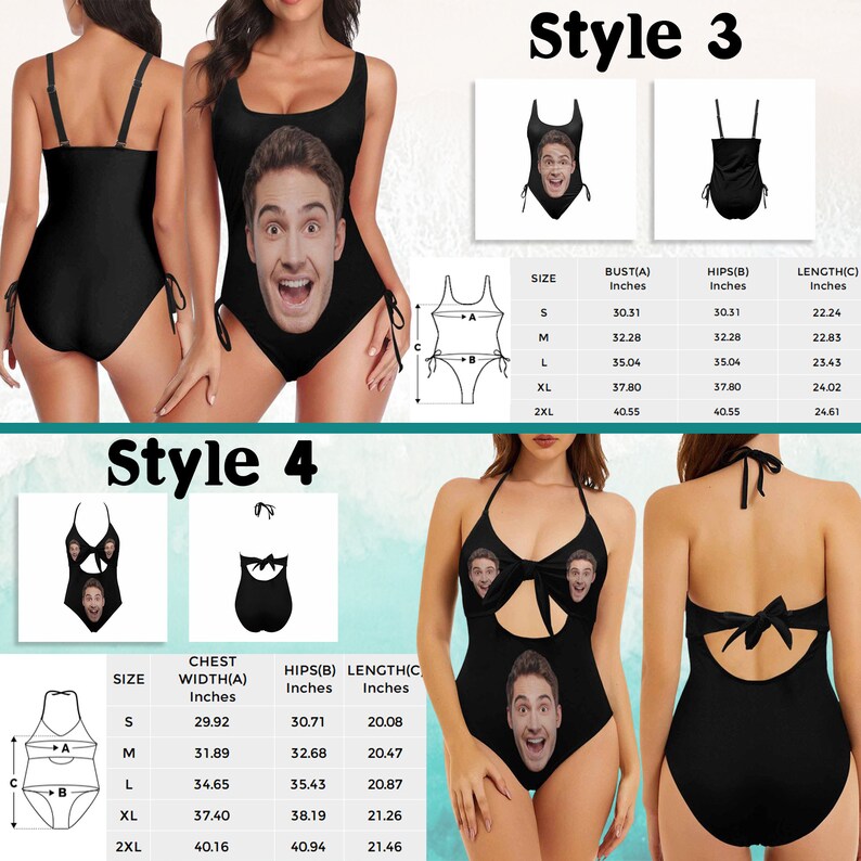 May include: Black one-piece swimsuits with a face printed on the front. Style 3 has a square neckline and adjustable straps. Style 4 has a halter neck and a keyhole cutout. Size charts with measurements in inches are included.