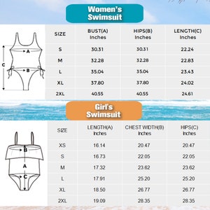 Peut inclure: Un tableau des tailles de maillots de bain avec deux sch&eacute;mas. La section sup&eacute;rieure montre un maillot une pi&egrave;ce avec des mesures de buste, hanches et longueur en pouces. La section inf&eacute;rieure montre un maillot deux pi&egrave;ces avec longueur, largeur de poitrine et hanches en pouces.