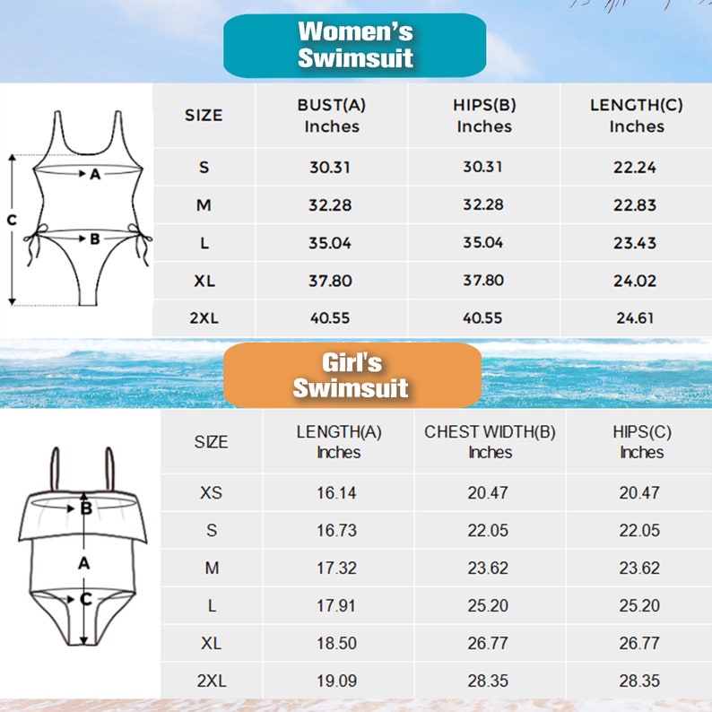 Peut inclure: Un tableau des tailles de maillots de bain avec deux sch&eacute;mas. La section sup&eacute;rieure montre un maillot une pi&egrave;ce avec des mesures de buste, hanches et longueur en pouces. La section inf&eacute;rieure montre un maillot deux pi&egrave;ces avec longueur, largeur de poitrine et hanches en pouces.