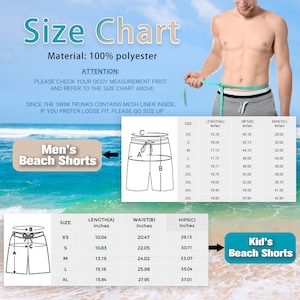 Peut inclure: Un tableau des tailles pour shorts de plage avec deux tableaux de mesures en pouces. Il inclut le texte Men's Beach Shorts et Kid's Beach Shorts, des sch&eacute;mas de shorts avec les &eacute;tiquettes A, B, C et une note indiquant 100% polyester.