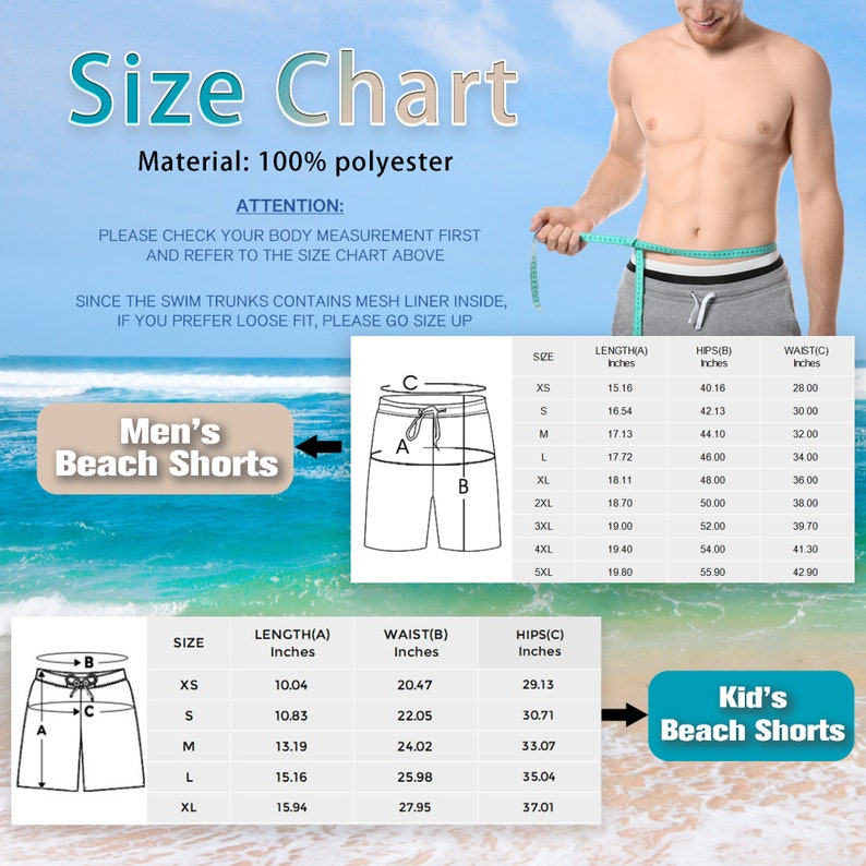 Peut inclure: Un tableau des tailles pour shorts de plage avec deux tableaux de mesures en pouces. Il inclut le texte Men's Beach Shorts et Kid's Beach Shorts, des sch&eacute;mas de shorts avec les &eacute;tiquettes A, B, C et une note indiquant 100% polyester.
