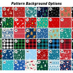 May include: A grid of 48 numbered squares displaying various holiday-themed patterns, including snowflakes, reindeer, gingerbread men, Christmas trees, plaid, and buffalo check designs in red, green, blue, black, and white colour palettes.