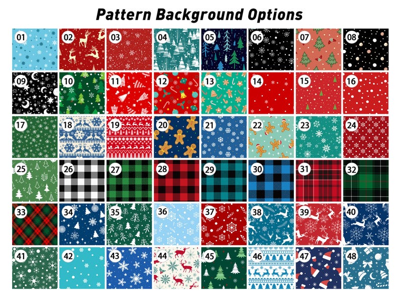 May include: A grid of 48 numbered squares displaying various holiday-themed patterns, including snowflakes, reindeer, gingerbread men, Christmas trees, plaid, and buffalo check designs in red, green, blue, black, and white colour palettes.