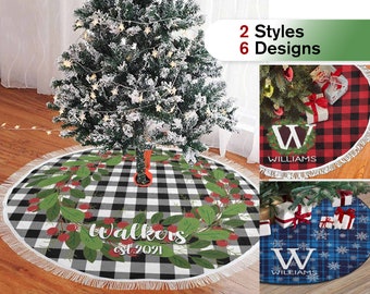 Personalized Christmas Tree Skirt, Black and White Plaid Pattern Xmas Tree Skirt, Holiday Christmas Decoration,  Custom Tree Foot Cover 48in