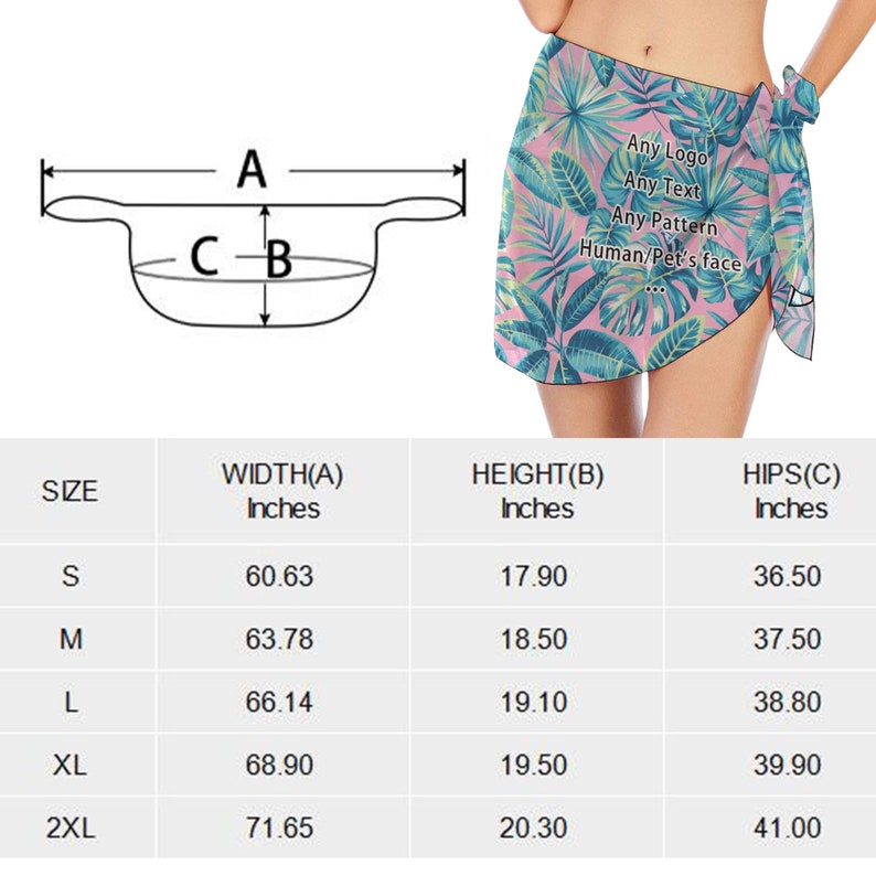 May include: Size chart for a sarong with tropical leaf print. The chart shows measurements in inches for width, height, and hips in sizes S, M, L, XL, and 2XL.