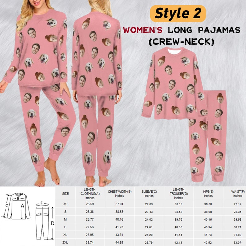 May include: A pink long-sleeved crew-neck pyjama set featuring a repeating pattern of various human faces and dog faces. The set includes a top and matching trousers. A size chart with measurements in inches is provided below the garment images.