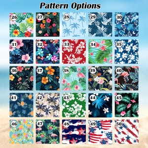May include: A grid of twenty-five square pattern options labelled 26 through 50, featuring tropical themes with hibiscus flowers, palm leaves, pineapples, flamingos, and patriotic red, white, and blue star and stripe designs on various backgrounds.