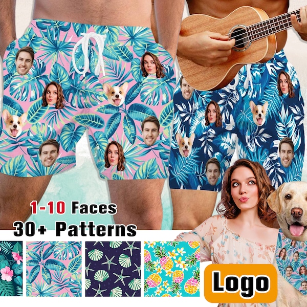 Custom Face Swim Trunks,Personalized Men Bathing Suit,Face on Surf Trunk Dog Bandana,Custom Swim Shorts with Face, Father's Day gift for dad