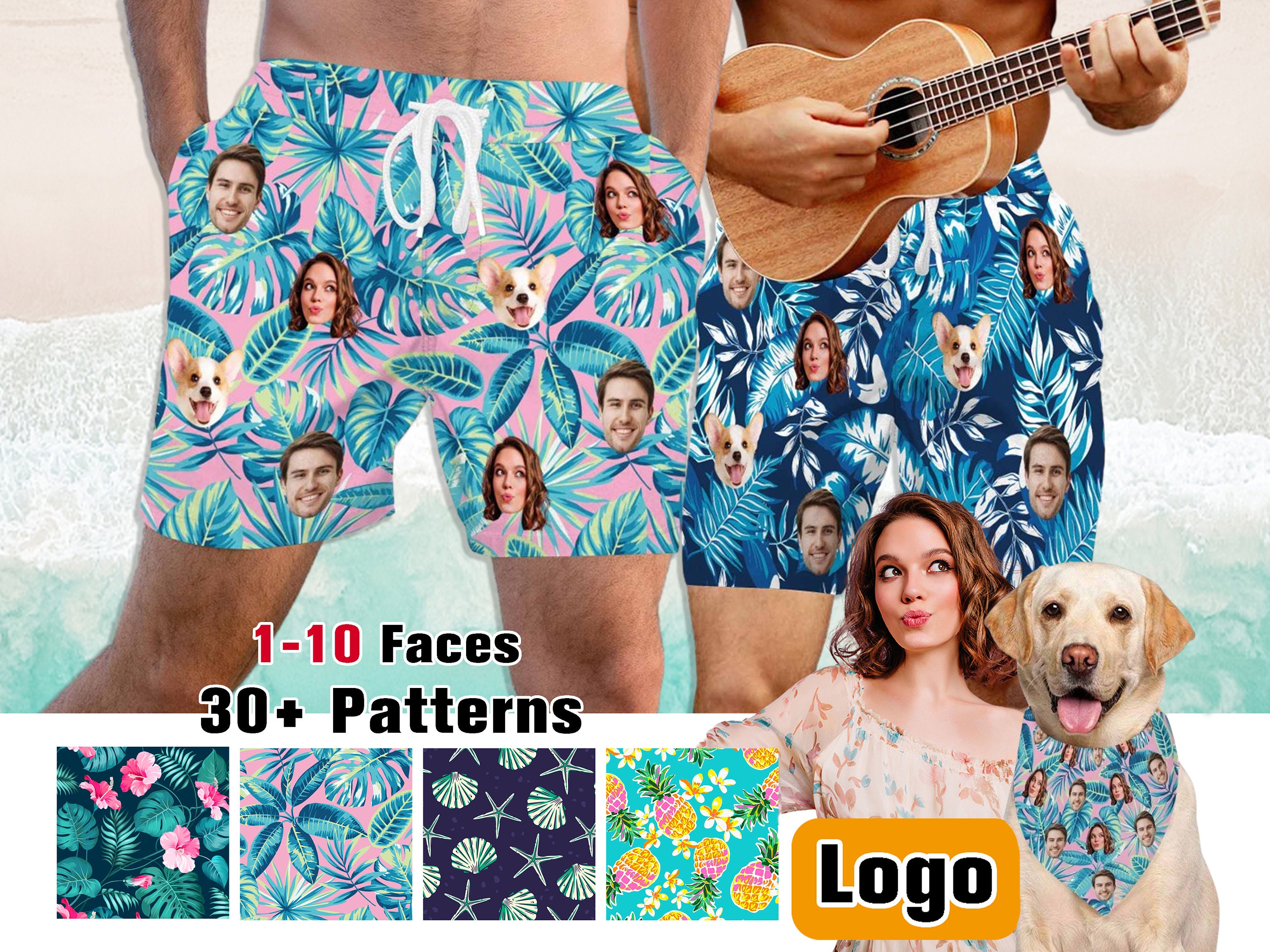 Custom Face Swim Trunks,personalized Men Bathing Suit,face on Surf Trunk  Dog Bandana,custom Swim Shorts With Face, Father's Day Gift for Dad 