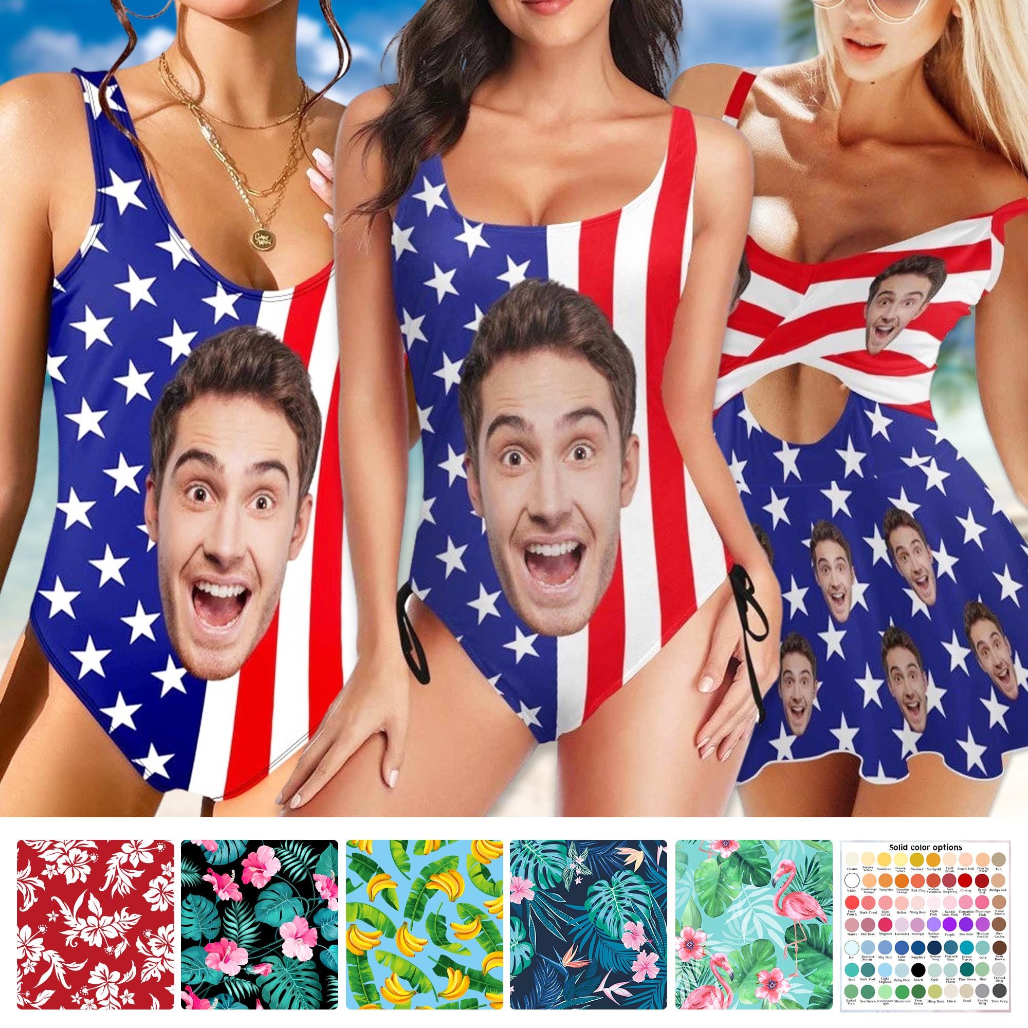 Custom Big Face Swimsuit,American Flag Design Swimsuit,Personalized One/Two Piece Swimwear,Custom Independence Day Face swimsuit party