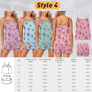 May include: A pyjama set consisting of a camisole top and shorts featuring a repeating pattern of various human and pet faces. The set is shown in pink, light blue, and teal colourways with a size chart displaying measurements in inches.