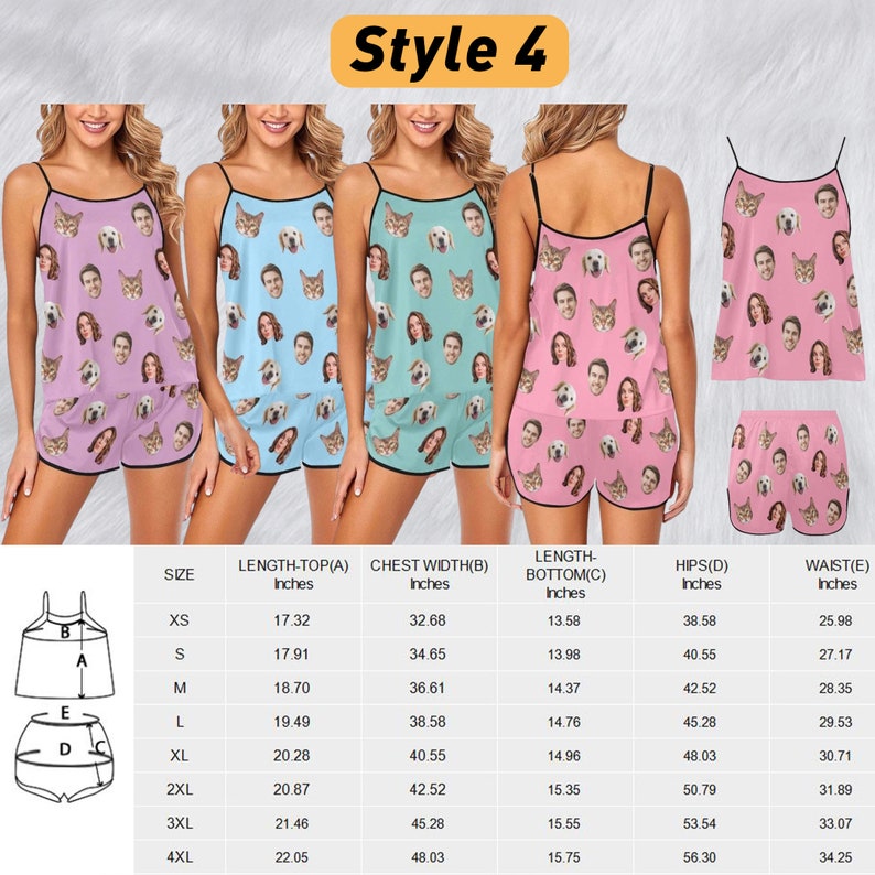 May include: A pyjama set consisting of a camisole top and shorts featuring a repeating pattern of various human and pet faces. The set is shown in pink, light blue, and teal colourways with a size chart displaying measurements in inches.