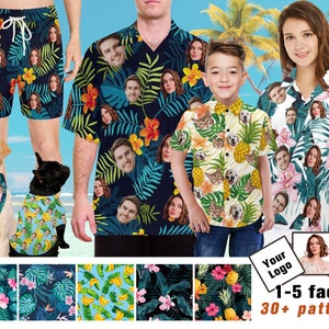 Personalize Face Tropical Flower Hawaiian Shirt, Custom Men Women Kid Hawaiian Shirt/Short with Face Logo,Dog Bandana/Shirt,Beach Party image 1