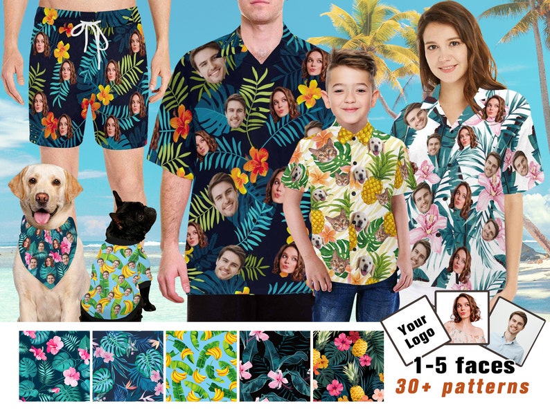 Personalize Face Tropical Flower Hawaiian Shirt, Custom Men Women Kid Hawaiian Shirt/Short with Face Logo,Dog Bandana/Shirt,Beach Party image 1