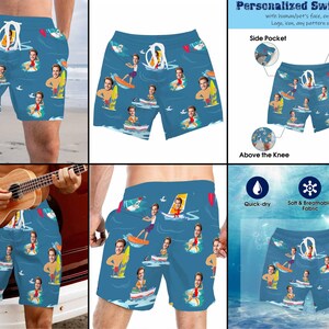 Puede incluir: Ba&ntilde;adores personalizados con fondo azul y un patr&oacute;n de personas surfeando. Los ba&ntilde;adores tienen un bolsillo lateral, forro de malla y est&aacute;n por encima de la rodilla. El texto "Personalized Swim Trunks" est&aacute; en la parte superior de la imagen. El texto "Side Pocket", "Mesh Liner Inside", "Above the Knee", "Quick-dry", "Soft & Breathable Fabric", "Lightweight" tambi&eacute;n est&aacute; incluido en la imagen.