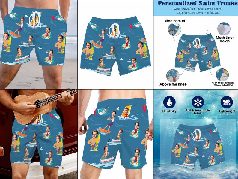 Puede incluir: Ba&ntilde;adores personalizados con fondo azul y un patr&oacute;n de personas surfeando. Los ba&ntilde;adores tienen un bolsillo lateral, forro de malla y est&aacute;n por encima de la rodilla. El texto "Personalized Swim Trunks" est&aacute; en la parte superior de la imagen. El texto "Side Pocket", "Mesh Liner Inside", "Above the Knee", "Quick-dry", "Soft & Breathable Fabric", "Lightweight" tambi&eacute;n est&aacute; incluido en la imagen.