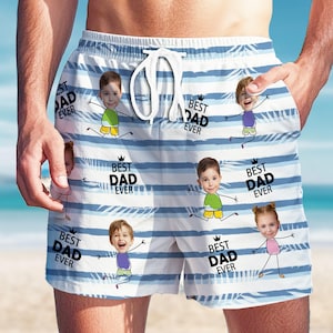Best Dad Ever Swim Trunks, Custom Face Men Bathing Suit, Personalized Face Swim Shorts, Custom Face Men Swim Suit, Tropical Leaves Short