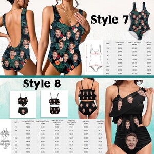 May include: Swimwear collection featuring custom face prints on a black background with tropical leaves and flowers. Styles include one-piece swimsuits and two-piece bikini sets. Size charts are included.