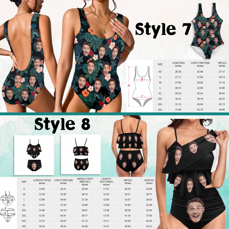 May include: Swimwear collection featuring custom face prints on a black background with tropical leaves and flowers. Styles include one-piece swimsuits and two-piece bikini sets. Size charts are included.