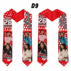 May include: Red graduation stole with white polka dots, featuring photos and text. The stole includes the text "CLASS OF 26 GRADUATE", "YOUR SCHOOL NAME", and "Selena Mayer". The stole is a graduation accessory.