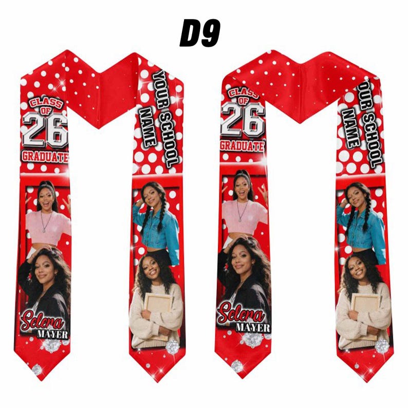 May include: Red graduation stole with white polka dots, featuring photos and text. The stole includes the text "CLASS OF 26 GRADUATE", "YOUR SCHOOL NAME", and "Selena Mayer". The stole is a graduation accessory.