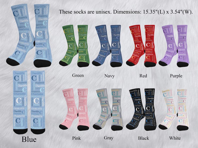 Puede incluir: Diez pares de calcetines en diferentes colores, incluyendo azul, verde, rosa, gris, negro, blanco, rojo y morado. Cada calcet&iacute;n presenta un patr&oacute;n repetido de la letra "C" y la palabra "Charlotte". Los calcetines son unisex y miden 39 cm de largo por 9 cm de ancho.