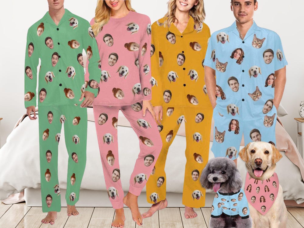 Face Wedding Pajama Custom Face Pajamas,Custom Pajamas Woman Man Family Face,Custom Pajama Pants Top,Custom Pajama Dog Bandana Shirt Socks, Christmas Gift Custom Dog Pajama