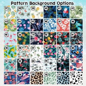 May include: A collection of 36 patterned background options, each with a unique design. The patterns include tropical themes with palm trees, flamingos, pineapples, and floral arrangements. Other patterns include animal prints, and patriotic themes. The text "Pattern Background Options" is at the top.