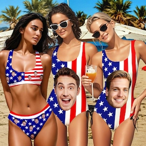May include: Three women wearing red, white, and blue swimsuits with a stars and stripes pattern. The swimsuits feature a unique design with a face cutout where the wearer's face is visible.
