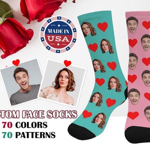 May include: A pair of custom face socks with red hearts. The socks are available in 70 colors and 70 patterns. The socks are made in the USA.