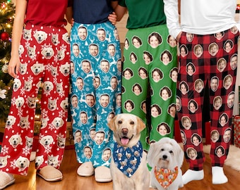 Custom Face Pajama Pants, Matching Pet Bandana, Christmas Gift