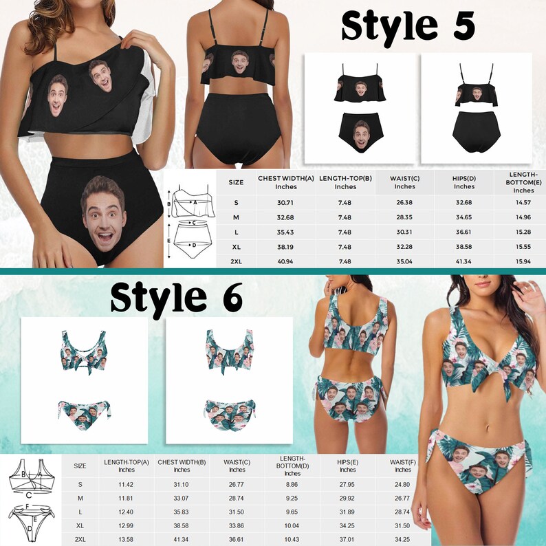 May include: Black two-piece swimsuits with a custom face print. Style 5 features a ruffled top and high-waisted bottoms. Style 6 offers a bikini with a tropical leaf pattern and a bow detail. Measurements are in inches.