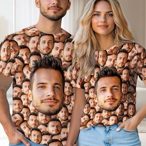 May include: Two people wearing matching t-shirts. The shirts are covered with a repeating pattern of a man's face. The man's face is also the focal point of the shirt's design.
