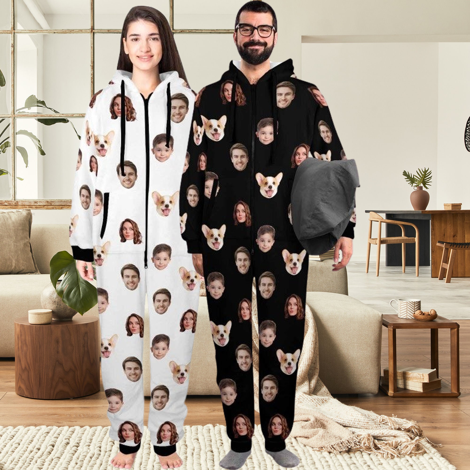 Custom Photo Hooded Pajamas: Matching Dog & Owner Set
