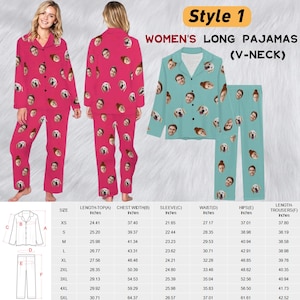 May include: Two sets of long pyjamas with V-neck button-down tops and matching trousers. One set is bright pink and the other is light teal. Both feature an all-over print of human faces and dog faces. A size chart with measurements in cm is included.