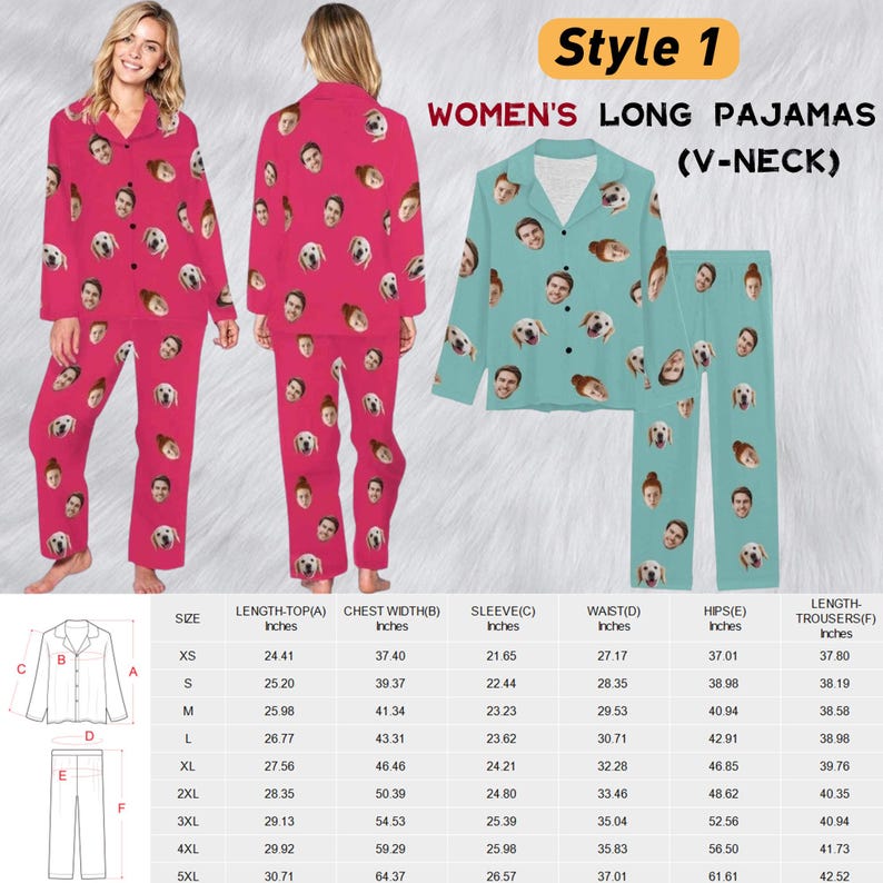 May include: Two sets of long pyjamas with V-neck button-down tops and matching trousers. One set is bright pink and the other is light teal. Both feature an all-over print of human faces and dog faces. A size chart with measurements in cm is included.
