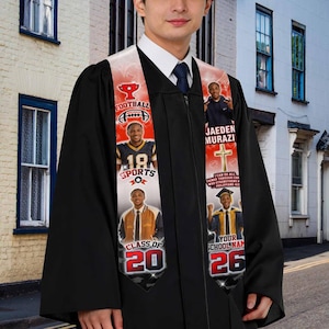May include: A black graduation gown with a custom stole featuring photos, the text "FOOTBALL," "SPORTS," "CLASS OF 20," and "YOUR SCHOOL NAME 26." The stole has red and white accents and a football trophy graphic.
