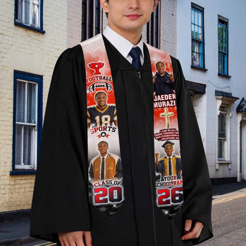 May include: A black graduation gown with a custom stole featuring photos, the text "FOOTBALL," "SPORTS," "CLASS OF 20," and "YOUR SCHOOL NAME 26." The stole has red and white accents and a football trophy graphic.
