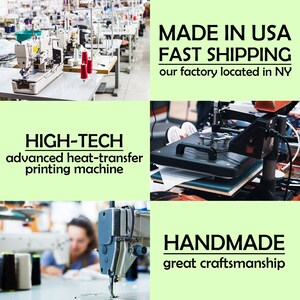 May include: A factory scene with sewing machines and a heat-transfer printing machine. Text reads "MADE IN USA," "HIGH-TECH," and "HANDMADE." The image highlights a workspace with multiple sewing stations and red thread spools.
