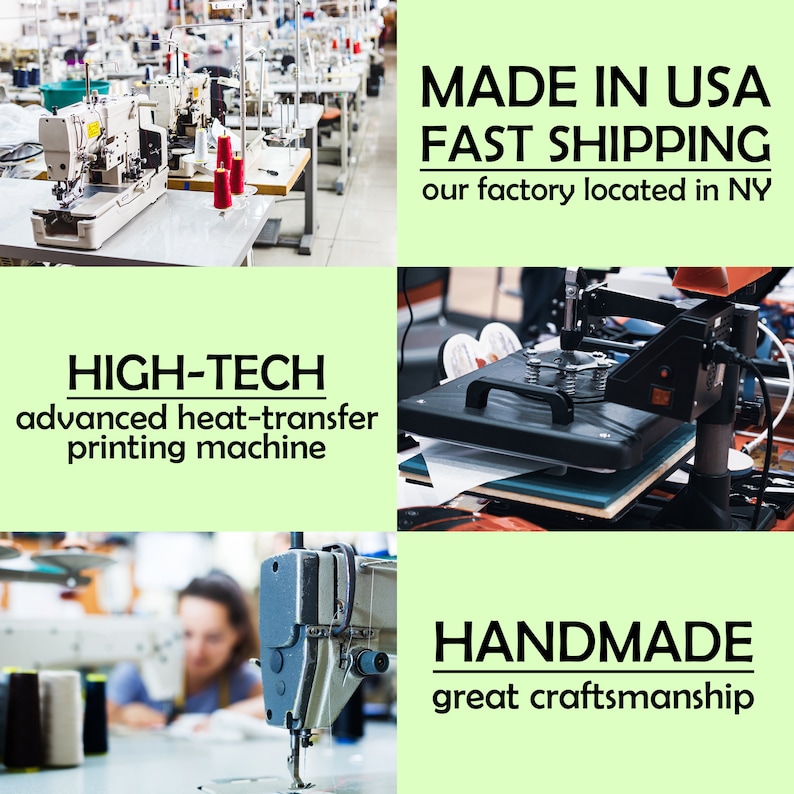 May include: A factory scene with sewing machines and a heat-transfer printing machine. Text reads "MADE IN USA," "HIGH-TECH," and "HANDMADE." The image highlights a workspace with multiple sewing stations and red thread spools.