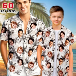 May include: Two people wearing white short-sleeved shirts with a tropical print featuring faces. The shirts have the text "60 PATTERNS" on the top left corner.