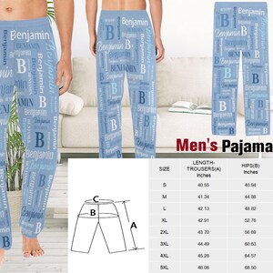 Puede incluir: Pantal&oacute;n de pijama azul con un patr&oacute;n repetido del nombre "Benjamin" en blanco y azul. Se incluye una tabla de tallas con medidas en pulgadas para la cintura, las caderas y la longitud.