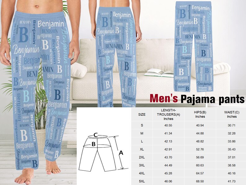 Puede incluir: Pantal&oacute;n de pijama azul con un patr&oacute;n repetido del nombre "Benjamin" en blanco y azul. Se incluye una tabla de tallas con medidas en pulgadas para la cintura, las caderas y la longitud.