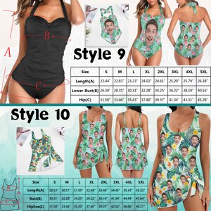 May include: Swimsuits in various styles, including a black halter-neck one-piece and several with a tropical floral pattern and a face print. The image includes size charts with measurements in inches for each style.