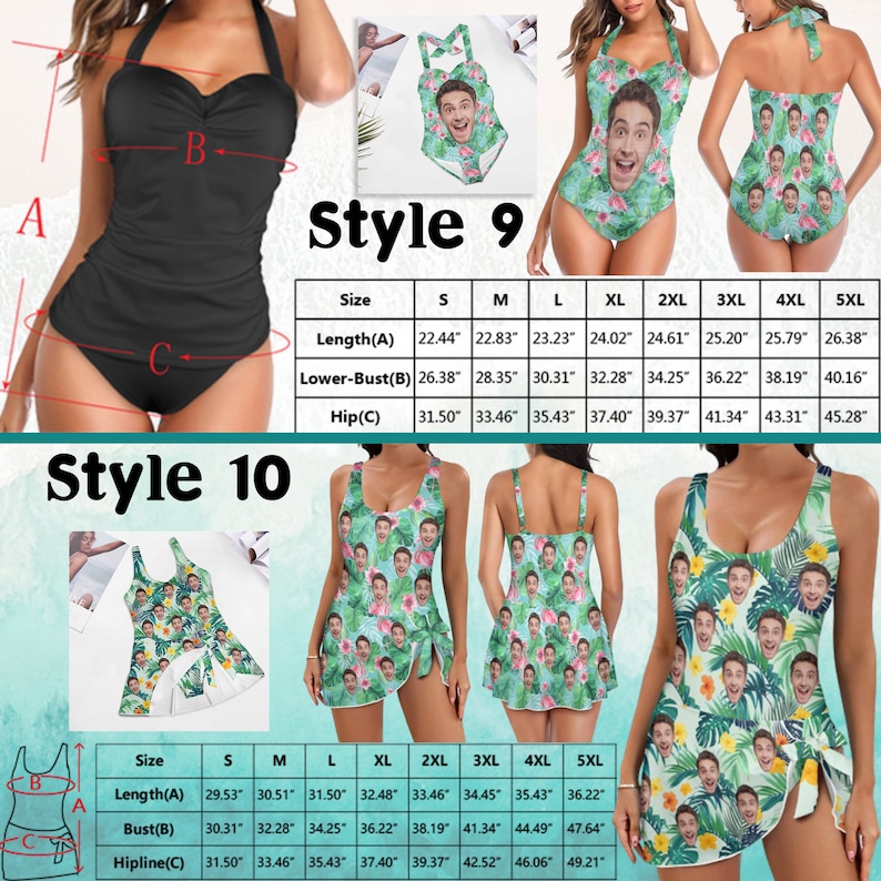 May include: Swimsuits in various styles, including a black halter-neck one-piece and several with a tropical floral pattern and a face print. The image includes size charts with measurements in inches for each style.
