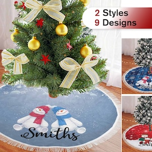 Personalized Blue Christmas Tree Skirt,Cute Snowman Xmas Tree Skirt, Custom Holiday Tree Skirt with Fringe, 30/36/48 inch Tree Skirt