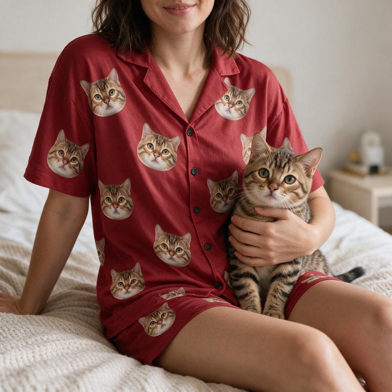 May include: A dark red short-sleeved button-down pyjama shirt and matching shorts set featuring a repeating pattern of a brown tabby cat's face. The fabric is a solid deep red colour with black buttons down the front and a notched collar.