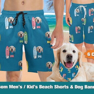 Custom Face Swim Trunks & Dog Bandana Set: Personalized Beach Shorts